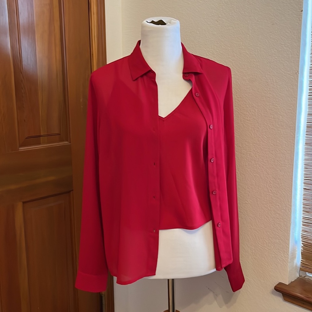 2-in-1 Red Chiffon Button Down and Camisole, Women’s Medium